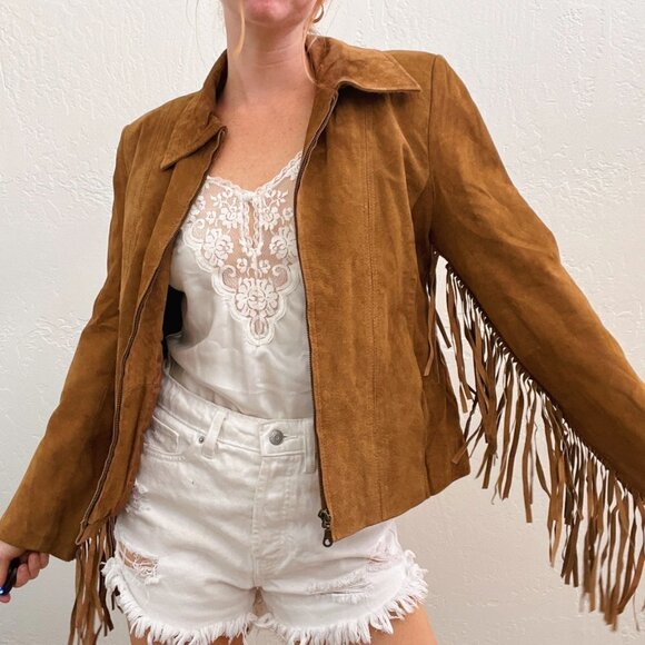 Vintage 100% Genuine Leather Brown Suede Fringe Zip Up Jacket - Picture 1 of 6